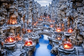 Fototapeta premium Dwarven urban area carved into mountain walls with glowing forges and stone bridges