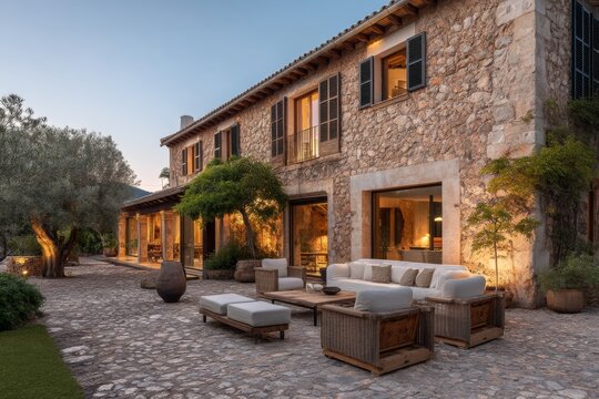 exterior design of an old stone house in mallorca, traditional mediterranean style with modern furniture and lighting, garden terrace