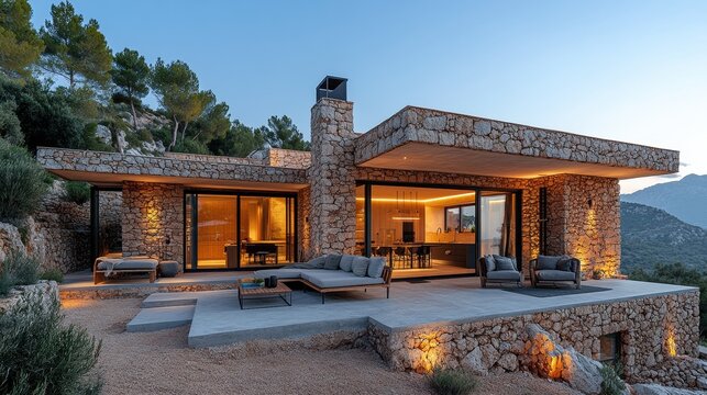 exterior design of an old stone house in mallorca, traditional mediterranean style with modern furniture and lighting, garden terrace