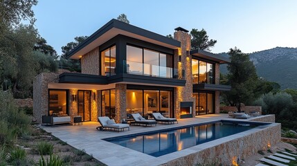exterior design of an old stone house in mallorca, traditional mediterranean style with modern furniture and lighting, garden terrace