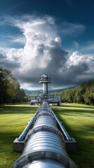 Large Industrial Pipeline and Control Tower in a Green Landscape