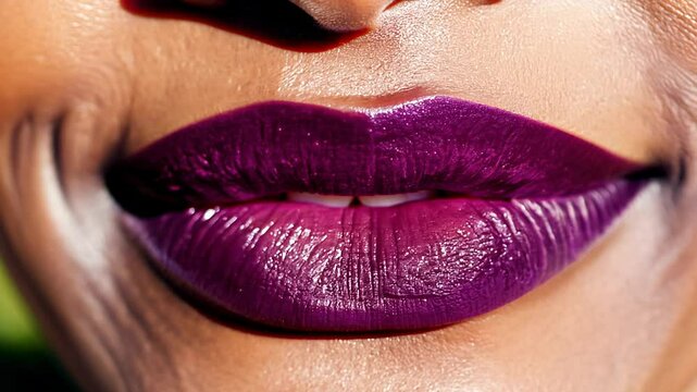 Mature ebony skin woman and young fair skin woman kissing close-up, lips with dazzling plum polish, soft natural light enhances texture, close tracking video. Concept of intimate connection and beauty