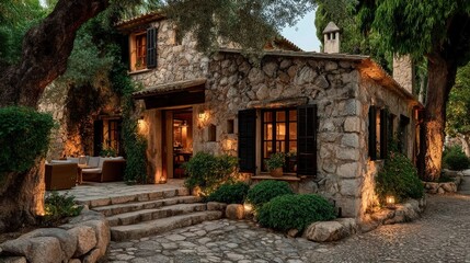 exterior design of an old stone house in mallorca, traditional mediterranean style with modern furniture and lighting, garden terrace