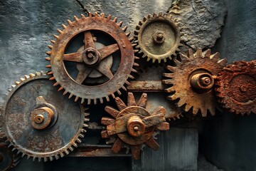 Rusty gears and cogs form an intricate mechanical background.