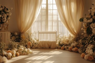 A sun-drenched nursery adorned with delicate blooms and a pristine crib.
