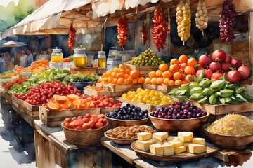 Obraz premium Colorful fruit and vegetable market stall with fresh produce display
