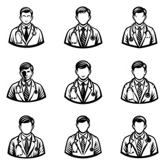 Doctor man vector illustration. Doctor in white coat. Stethoscope, doctor line art
