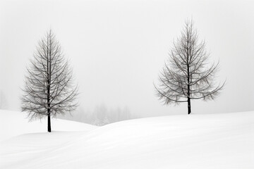 two trees in the snow on a snowy day