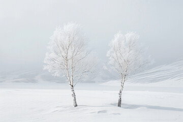 two trees in the snow with a mountain in the background