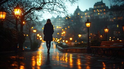 Fototapeta premium Woman Walks Alone Through a Rain-Kissed Night