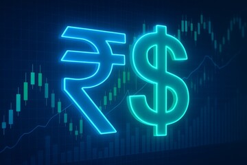 Glowing Rupee and Dollar Symbols with Digital Stock Market Graph - Financial Exchange and Forex Trading Concept