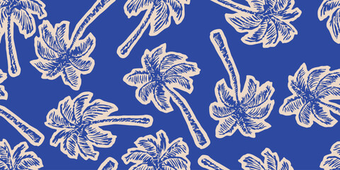 Tropical pattern with freehand drawn palm trees. Hawaiian summer background. Coconut tree print for fabric, textiles, packaging, cover, poster, banner, wallpaper, interior decor. Vector illustration.