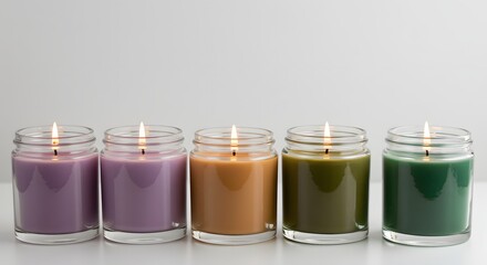 Fototapeta premium Set of scented candles in glass jars, arranged in a row on a white surface