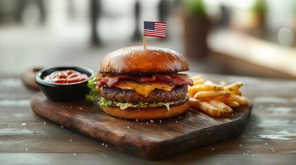Delicious american cheeseburger with bacon served on a wooden board with fries and ketchup celebrating independence day outdoors.