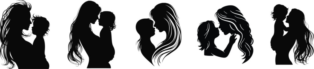 Black and white mother and child silhouettes set in vector for Mother's Day
