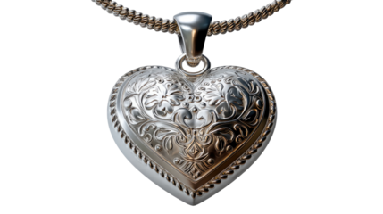 Silver Heart Pendant: A finely crafted silver pendant in the shape of a heart, intricately designed and suspended on a delicate chain, radiates timeless elegance and romantic charm. 