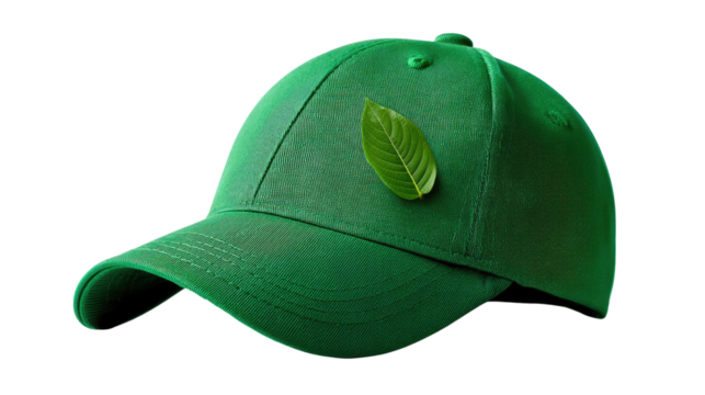 Eco-Friendly Headwear: A stylish green cap adorned with a fresh, vibrant leaf, symbolizing nature and sustainability.