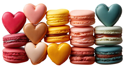 Sweet Macaron Hearts: A captivating arrangement of heart-shaped macarons, each a masterpiece of color and texture. Displaying the allure of these French delicacies