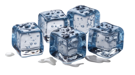 Chilled Clarity: A close-up showcases five glistening ice cubes, their crystalline transparency inviting a refreshing sensation of coolness.