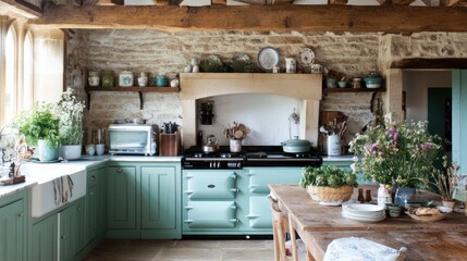 Rustic farmhouse kitchen with teal cabinetry.