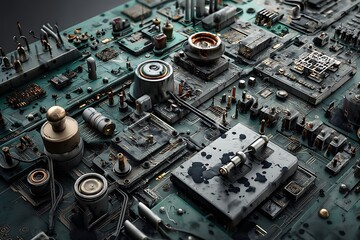 Fototapeta premium Abstract digital art, showcasing a detailed close-up of a weathered circuit board with metallic components, wires, and connections, creating a futuristic and grunge aesthetic.