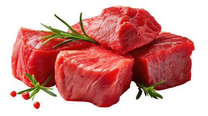 Fresh Cut of Raw Meat: A close-up shot captures succulent chunks of raw meat, perfectly presented alongside fresh sprigs of rosemary and peppercorns, symbolizing culinary freshness and quality. 