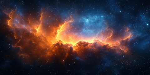 Colorful cosmic nebula displaying vibrant orange and blue hues against a backdrop of deep space stars