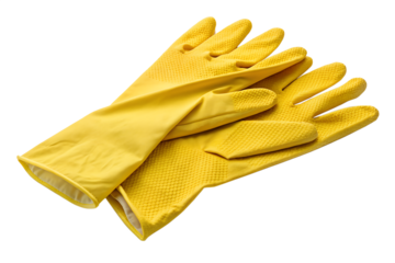 pair of yellow rubber glove for cleaning isolated on white or transparent png