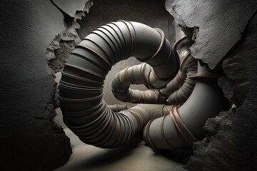 Industrial pipes intertwine within a broken concrete wall, a hidden network in a dark, mysterious space.