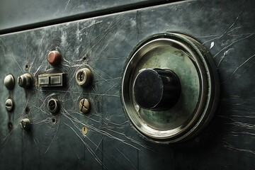 Close-up of a dusty, cobweb-covered vintage control panel with various knobs and buttons, evoking a sense of forgotten technology.