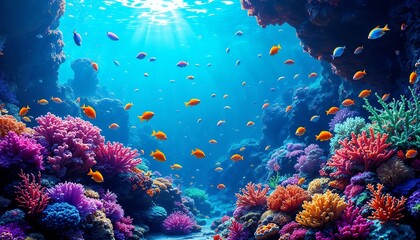 Fototapeta premium Underwater Paradise: A vibrant underwater scene teems with life, colorful coral reefs flourish, and a multitude of fish swim in the crystal-clear waters.