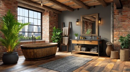 Industrial chic bathroom concept. Modern rustic bathroom with a wooden tub, plants, and a stylish vanity in an industrial setting.