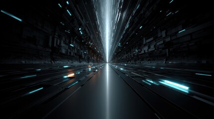 A futuristic, high-speed digital tunnel with glowing lines and a dark background