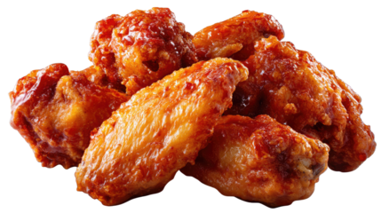Golden Wings: A mouthwatering pile of crispy, golden-brown chicken wings, glazed with a vibrant, glossy sauce, promises a burst of flavor and a delightful dining experience.