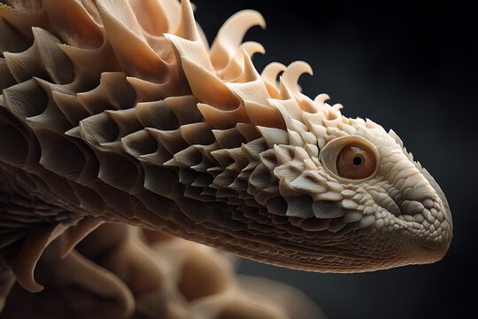 A close-up portrait of a mythical lizard-like creature with intricate scales and spikes in a dark setting.