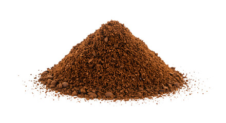 High-Resolution Image of a Conical Pile of Dark Brown Coffee Grounds Isolated on White Background, Ideal for Culinary, Beverage, or Food-Related Projects.