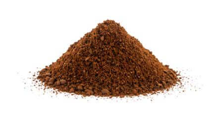 High-Resolution Image of a Conical Pile of Dark Brown Coffee Grounds Isolated on White Background, Ideal for Culinary, Beverage, or Food-Related Projects.