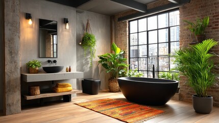 Industrial chic bathroom concept. Modern bathroom featuring a black tub, plants, and industrial decor with large windows.