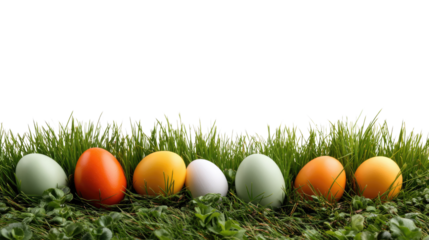 Colorful Easter Eggs on the green grass: An eye-level shot of colorful eggs lined up in vibrant green grass, ready to celebrate spring and new beginnings.