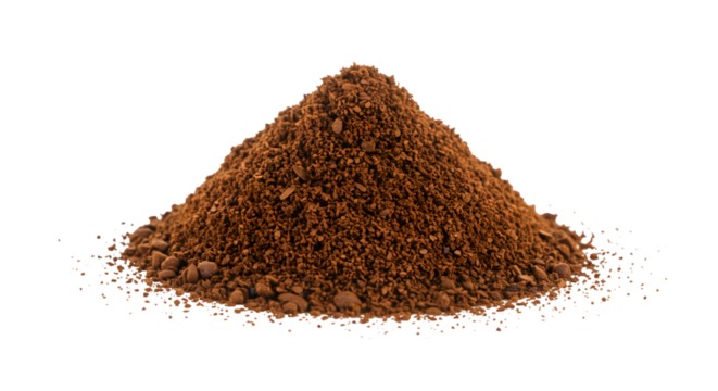 High-Resolution Image of a Conical Pile of Dark Brown Coffee Grounds Isolated on White Background, Ideal for Culinary, Beverage, or Food-Related Projects.