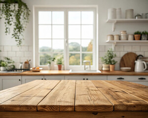 Fototapeta premium empty-wood-table-top-on-blur-kitchen-window-background