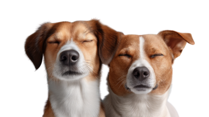 Dog's inner Peace: Two dogs embody serenity, captured in a studio shot. Their eyes closed, offering a peaceful view, capturing a moment of bliss and inner tranquility. 