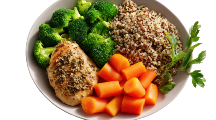 Balanced Plate: A close-up of a balanced and healthy meal, featuring grilled chicken breast, quinoa, broccoli, and carrots, offering a colorful and delicious way to nourish your body.