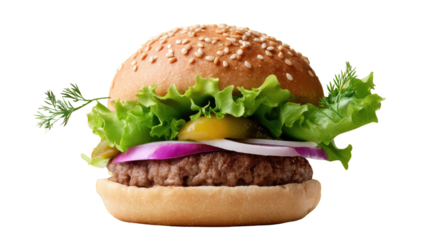 Perfectly crafted hamburger: A juicy, mouthwatering hamburger, artfully assembled with fresh lettuce, red onion, and pickles, and a sesame seed bun. A symphony of flavors