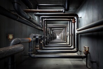 Dark industrial tunnel with repeating patterns of pipes creating a sense of depth and mystery.