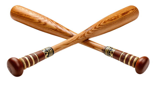 Intersecting Baseball Bats: A detailed studio shot displays two wooden baseball bats, artfully crossed, highlighting their intricate craftsmanship. The bats are presented with a light background.