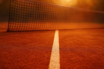 clay surface tennis court white marking with evening warm sunset background
