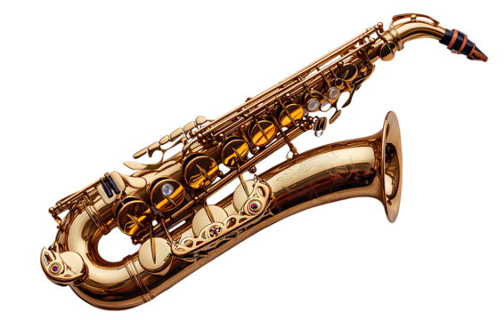 Saxophone, golden in color, with a transparent background