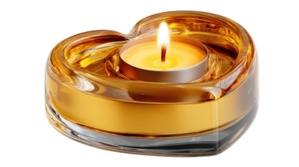 Heart-Shaped Candle Holder: A heart-shaped amber glass candle holder cradles a gently burning tea light, casting a warm, inviting glow.
