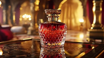 Luxurious crystal perfume bottle displayed elegantly in a lavish, opulent room with rich decor
